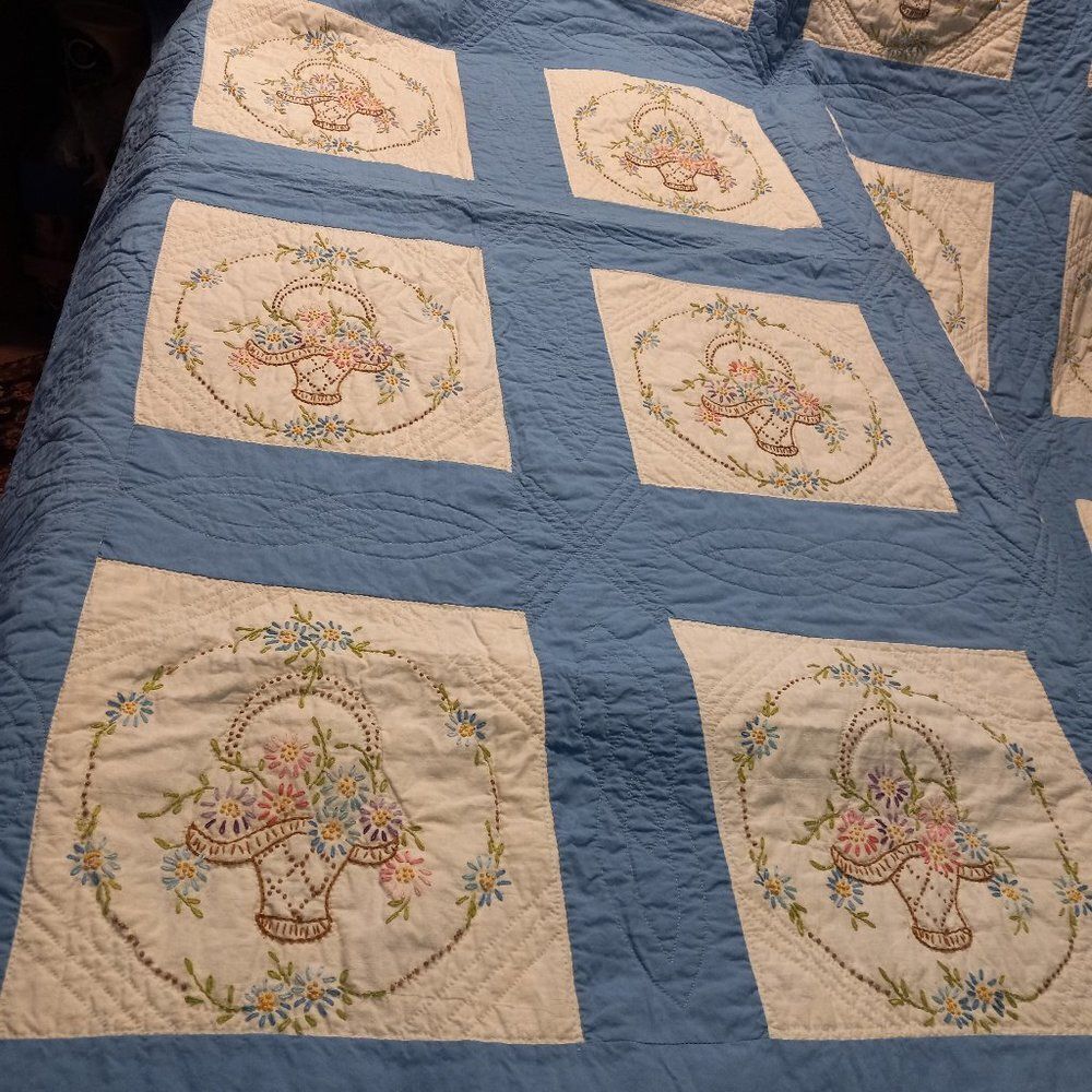 Vintage Embroidered  Hand Quilted Flower Basket Quilt Cottagecore Handmade